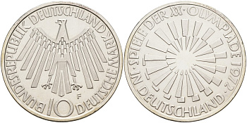 ФРГ 10 марок 1972 F, ОЛИМПИАДА, СПИРАЛЬ KM 134.1, J.401b серебро UNC 4558-224