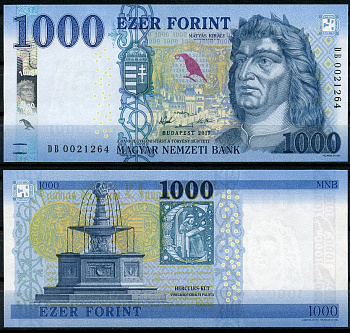 Венгрия 1000 форинтов 2017 король Матьяш I, фонтан Геркулеса в Вышеграде Pick 203 a бумага UNC (пресс) 450-71-3