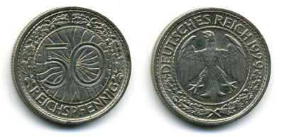 Германия 50 рейхспфеннигов 1929 А KM 49, J. 324 никель 58-541