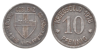 Кобленц 10 пфеннигов 1918 Funck 80.1A, Men05 4526.1, Men18 5727.1 железо 4708-931