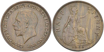 Великобритания 1/2 пенни 1936 Георг V (1910-1936) KM 837, Spink 4058 бронза 117-955