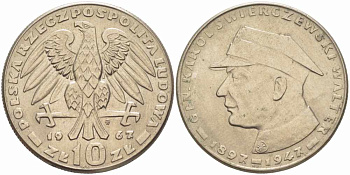 Польша 10 злотых 1967 20 лет со дня смерти генерала Сверчевского KM 58 медно-никель 109-614