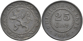 Бельгия 25 сантимов 1915 Германская оккупация Первая мировая война KM 82 цинк 190-733