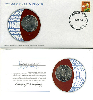 Австралия 50 центов 1978 Елизавета II (1952-2022), герб Австралии, кенгуру КОНВЕРТ С МАРКОЙ ПЕРВОГО ДНЯ ГАШЕНИЯ, COINS OF NATIONS KM 68 медно-никель UNC 4294-17-1