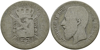 БЕЛЬГИЯ 1 ФРАНК 1867 ЛЕОПОЛЬД II (1865-1909), BELGES KM 28.1 серебро 87-645