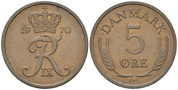 Дания 5 эре 1970 C; S, Фредерик IX (1947-1972) KM 848.1 бронза 4119-653