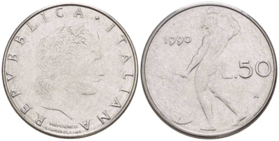 ИТАЛИЯ 50 ЛИР 1990 R, БОГ ОГНЯ ВУЛКАН У НАКОВАЛЬНИ, ДИАМЕТР 17 ММ. KM 95.2 нержавеющая сталь 4551-423
