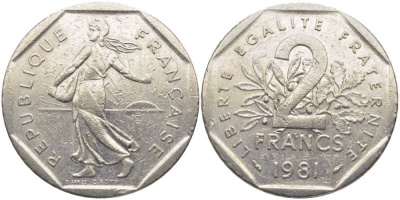 ФРАНЦИЯ 2 ФРАНКА 1981 СЕЯТЕЛЬ KM 942.1, LE FRANC 272.5 никель 115-524