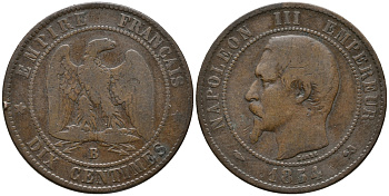 ФРАНЦИЯ 10 САНТИМОВ 1854 В, НАПОЛЕОН III (1852-1870) KM 771.2 бронза 32-1021