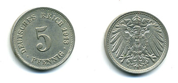 ГЕРМАНИЯ 5 ПФЕННИГОВ 1913 F, KM 11, J. 12 медно-никель 54-413