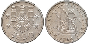 Португалия 5 эскудо 1984 KM 591 медно-никель 4143-143