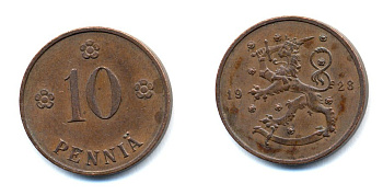 Финляндия 10 пенни 1928 республика (1918-1962) KM 24 медь 46-1632