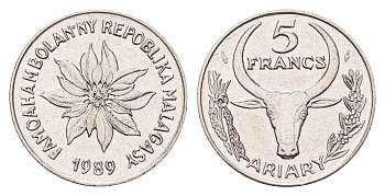 Мадагаскар 5 франков 1989 KM 10 нержавеющая сталь UNC 4669-469