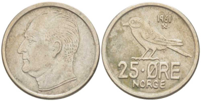 Норвегия 25 эре 1961 Улаф V (1958-1991), синица KM 407 медно-никель 3309-726