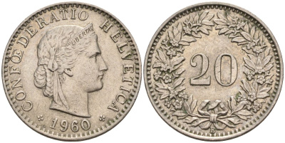 Швейцария 20 раппенов 1960 В KM 29а медно-никель 4592-915