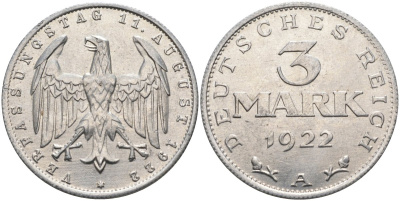 Германия 3 марки 1922 A, третья годовщина Веймарской Конституции KM 29, J.303 алюминий UNC 4587-124
