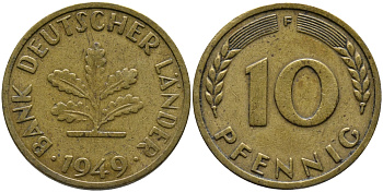 ФРГ 10 ПФЕННИГОВ 1949 F KM 103, J. 378 сталь плакированная латунью 98-524