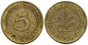 ФРГ 5 пфеннигов 1986 F KM 107 сталь плакированная латунью 4173-1044