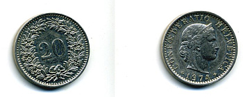 Швейцария 20 раппенов 1974 KM 29а медно-никель 37-1125