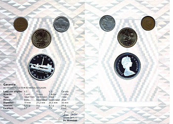 США, Канада набор из 4 монет 1906-2000 Индейцы Америки 1 цент 1906, 5 центов 1937 бизон, 1 доллар 2000 D индианка, Канада 1 доллар 1984 150 лет Торонто, каноэ, буклет KM 90а, 134, 310, 140 7-6-1-29