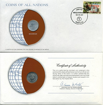 Мозамбик 50 сентаво 1980 монета в конверте с маркой и спецгашением KM 98 алюминий UNC 4294-41-2