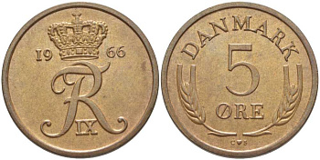 ДАНИЯ 5 ЭРЕ 1966 C;S, ФРЕДЕРИК IX (1947-1972) KM 843,2 бронза 202-721