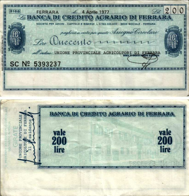 Италия 200 лир 1977 4 апреля 1977 Banca Di credito agrario Di ferrara бумага 7222-80-2-2