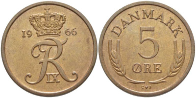 Дания 5 эре 1966 C; S, Фредерик IX (1947-1972) KM 848.1 бронза 202-721