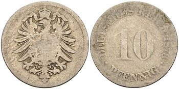 ГЕРМАНИЯ 10 ПФЕННИГОВ 1876 G, СТАРОГЕРБОВКА KM 4, J. 4 медно-никель 4401-323