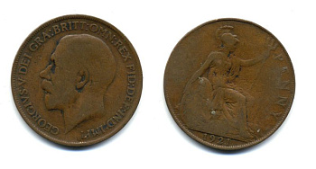 Великобритания 1 пенни 1921 Георг V (1910-1936) KM 810, Spink 4051 бронза 47-513