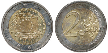 ФРГ 2 евро 2015 G, 30 ЛЕТ ФЛАГУ ЕВРОСОЮЗА KM NEW биметалл 62-855