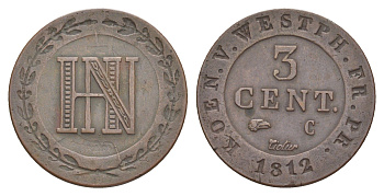 Вестфалия 3 сантима 1812 C, Жером Бонапарт (1807-1813), из коллекции Ричарда Б. Смита Smith 297, KM 93, ASK 41 медь 1525-1115