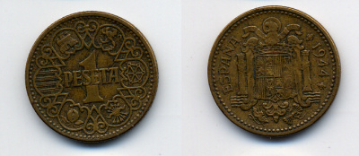 ИСПАНИЯ 1 ПЕСЕТА 1944 НАЦИОНАЛЬНОЕ ПРАВИТЕЛЬСТВО (1939-1947) KM 767 алюминиевая бронза 4384-1222