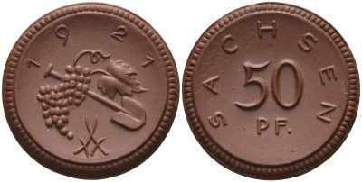 Саксония 50 пфеннигов 1921 виноград и лопата J. N 54 фарфор 1094-5-23