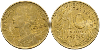 Франция 10 сантимов 1971 тип Марианна KM 929 медь алюминий никель 4594-1159