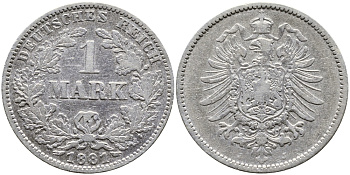 Германия 1 марка 1881 J Weege 17, J. 9, KM 7 серебро 176-515