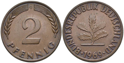 ФРГ 2 ПФЕННИГА 1969 G KM 106a, Jager 381a сталь плакированная сталь плакированная медьюю 4546-956