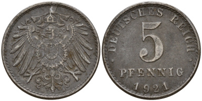 Германия 5 пфеннигов 1921 A J.297  KM 19 железо    4598-1156