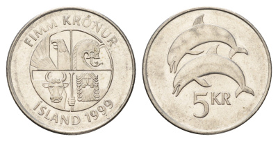 Исландия 5 крон 1999 дельфины KM 28a сталь плакированная никелем 4691-423