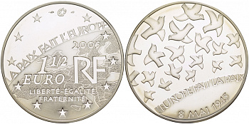 Франция 1 1/2 евро 2005 60 лет мира в Европе, голуби мира КМ 1441 серебро PROOF 05-086-31