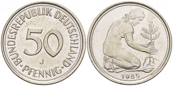ФРГ 50 ПФЕННИГОВ 1985 J KM 109.2 J 384a медно-никель 3996-1018