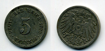 ГЕРМАНИЯ 5 ПФЕННИГОВ 1900 A, KM 11, J. 12 медно-никель 58-544