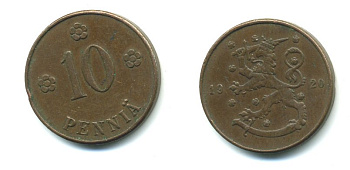 Финляндия 10 пенни 1920 республика (1918-1962) KM 24 медь 37-1252