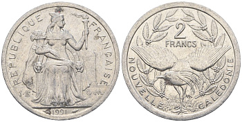 Французская Новая Каледония 2 франка 1991 птица кагу, (IEOM) KM 14, Schoen 11, Lec 67 алюминий    27-1225