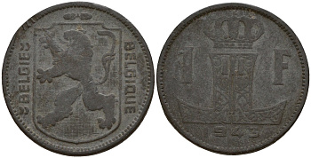 Бельгия 1 франк 1943 Belgique - Belgie, Леопольд III (1934-1947), германская оккупация, Вторая мировая война KM 127 цинк 4161-522