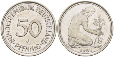 ФРГ 50 ПФЕННИГОВ 1985 J KM 109.2 J 384a медно-никель 3996-1018