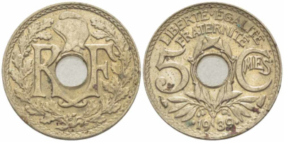 Франция 5 сантимов 1939 (.1939.), тип Линдауэр KM 875а, Le Franc 123.5 никель-бронза 105-415