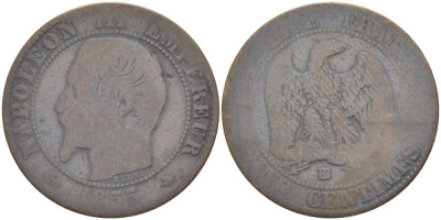 Франция 5 сантимов 1855 BB, Наполеон III (1852-1870) KM 777.3, LE FRANC 116.20 бронза 217-212