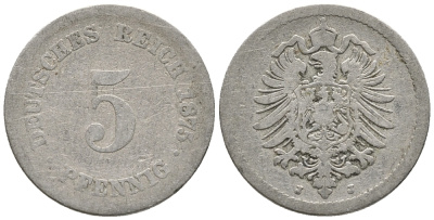 ГЕРМАНИЯ 5 ПФЕННИГОВ 1875 J, СТАРОГЕРБОВКА KM 3, J. 3 медно-никель 39-356