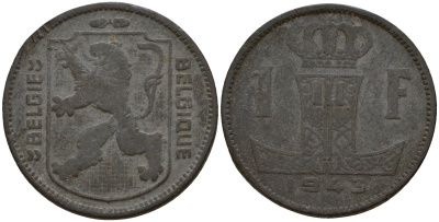Бельгия 1 франк 1943 Belgique - Belgie, Леопольд III (1934-1947), германская оккупация, Вторая мировая война KM 127 цинк 4161-522